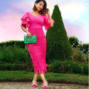 Nwt Aomei Hot Pink Double Flutter Sleeve V Neck Front Fringed Midi Dress